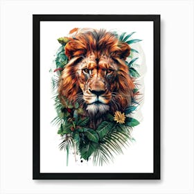 Double Exposure Realistic Lion With Jungle 25 Art Print