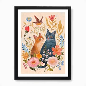 Folksy Floral Animal Drawing Cat Art Print