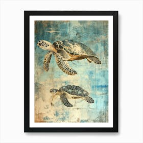Two Sea Turtles Swimming Textured Collage Art Print