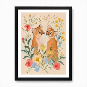 Folksy Floral Animal Drawing Mountain Lion 2 Art Print