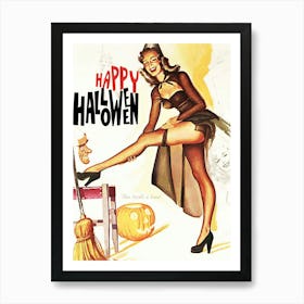 Pin Up Girl In Witch Costume Ready For A Halloween Party Art Print