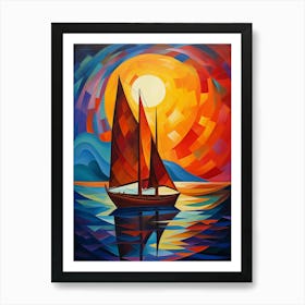 Sailing Boat at Sunset II, Vibrant Colorful Painting in Cubism Picasso Style Art Print