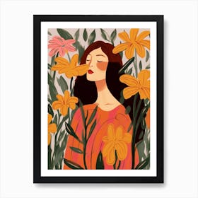 Woman With Autumnal Flowers Gloriosa Lily 2 Art Print