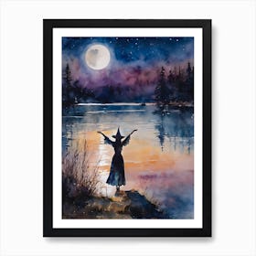 Moon Worship - Witch Drawing Down the Moon by a Lake on a Summer's Eve - Pagan Spellcasting Nature Loving Fairytale Original Watercolor by Lyra the Lavender Witch - Perfect For Witchycore Cottagecore Full Moon Witchy Gallery Feature Wall HD Art Print