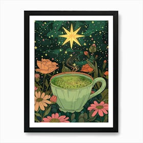 Green Tea With Flowers And Stars Art Print