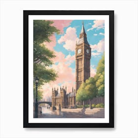 London Big Ben Landmark Ghibli Style Sunny Cool Tones Art Print
