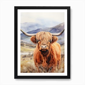 Watercolour Portrait Of Highland Cow In The Grass With The Mountains Art Print