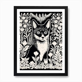 Linocut Fox Illustration Black 2 Art Print