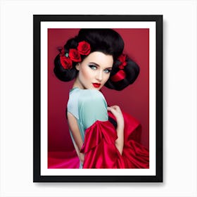 Geisha Woman With Red Roses Art Print