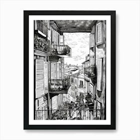 Window View Of Lisbon Portugal   Black And White Colouring Pages Line Art 1 Art Print