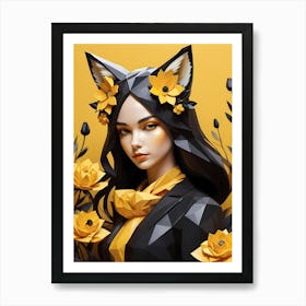 Low Poly Floral Fox Girl, Black And Yellow (18) Art Print