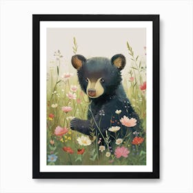American Black Bear Cub In A Field Of Flowers Storybook Illustration 4 Art Print