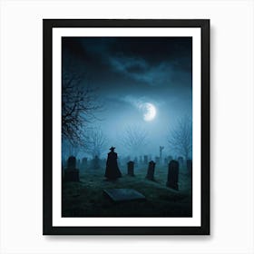 Halloween Themed Digital Painting Mist Weaving Through An Ancient Cemetery Under A Clouded Moonlit (4) Art Print