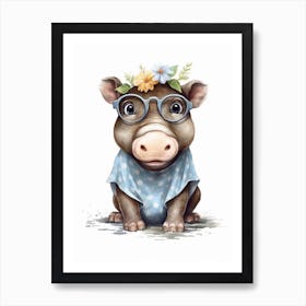 Watercolour Jungle Animal Baby Hippopotamus 1 Art Print