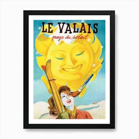 Valais, Happy Skier Under The Big Smiling Sun Art Print