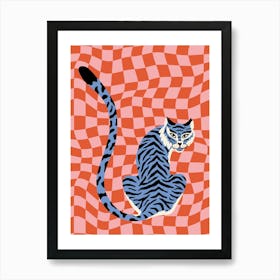 Tiger On Red Checkered Pattern Art Print