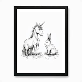 Unicorn And Bunny Friends Black And White Doodle 1 Art Print