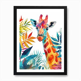 Watercolour Giraffe Head In The Leaves 5 Art Print