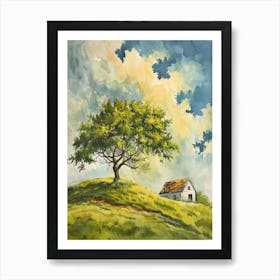 Watercolor Of A Tree On A Hill Art Print