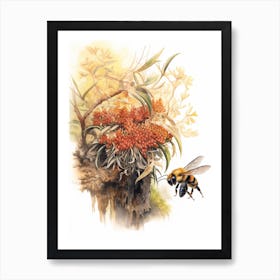 Red Tailed Bumble Bee Beehive Watercolour Illustration 3 Art Print