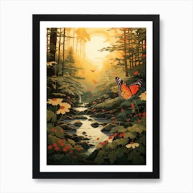 Butterflies In The Woodland At Sunrise Japanese Style Painting Art Print