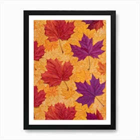 Autumn Themed Wallpaper Showcasing A Sun Drenched Group Of Maple Leaves In Varying Shades Of Red Or (5) Art Print