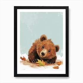 Brown Bear Cub Playing With A Fallen Leaf Storybook Illustration 4 Art Print