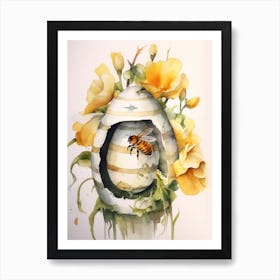 Beehive With Lisianthus Watercolour Illustration 1 Art Print