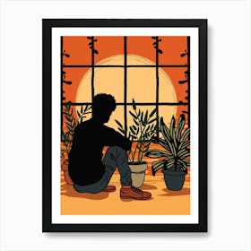 Silhouette Of A Man Sitting By A Window Art Print