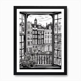 A Window View Of Amsterdam In The Style Of Black And White  Line Art 3 Art Print