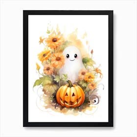 Cute Ghost With Pumpkins Halloween Watercolour 34 Art Print