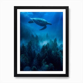 A Sea Turtle Swims Over The Trees 1 Art Print