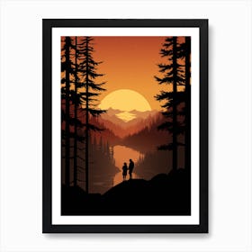 Silhouette Of Two People At Sunset Art Print