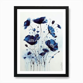Dark Blue Poppies Abstract Art Print