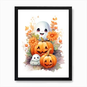 Cute Ghost With Pumpkins Halloween Watercolour 106 Art Print