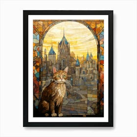 Stained Glass Of Cat In Front Of Medieval City Skyline Art Print