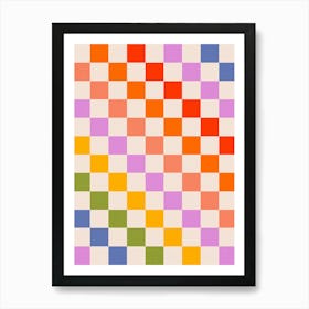 Retro Diagonal Check pattern in Rainbow colours Art Print