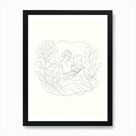 Woman Reading A Book Hand Drawing Line Art Art Print