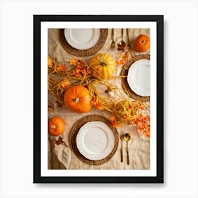 Autumn Themed Dinner Table Centerpiece Of Intertwined Golden Orange Pumpkin Vines Scattered Leaves 2 1 Art Print