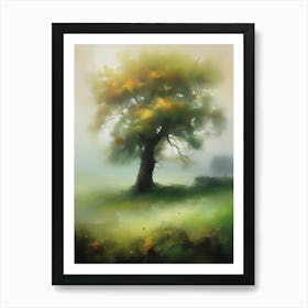 Oak tree, fine work of art, misty atmosphere, green meadow..16 Art Print