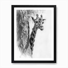 Giraffe Scratching Against A Tree Pencil Drawing 3 Art Print