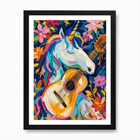 Unicorn Playing Acoustic Guitar Floral Fauvism Art Print