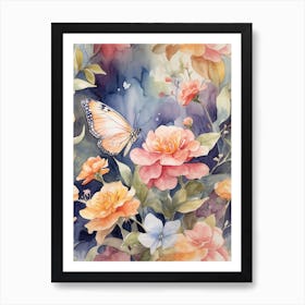 Watercolor Of Flowers And Butterflies Art Print