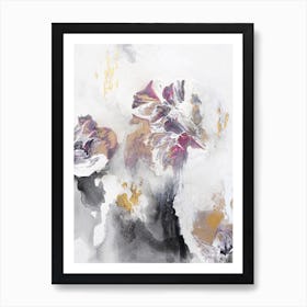White Gold Grey Abstract Flower Painting Art Print