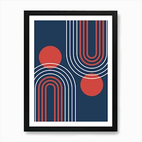 Mid Century Modern Geometric B36 In Navy Blue And Clear Red (Rainbow And Sun Abstract) 01 Art Print