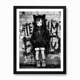 Kawaii Aesthetic Monochrome Nekomimi Anime Cat Girl Urban Graffiti Style 1 Art Print