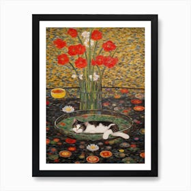 Lilies With A Cat 2 Art Nouveau Klimt Style Art Print