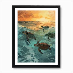 Sea Turtles At Sunrise In The Waves Art Print