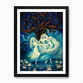 The Samodivas - Vintage Ladies Witches Nymphs Dancing in the Forest Moonlight Lotus Lillies Beautiful Women Witchcraft Russian Slavic Folklore Art Print