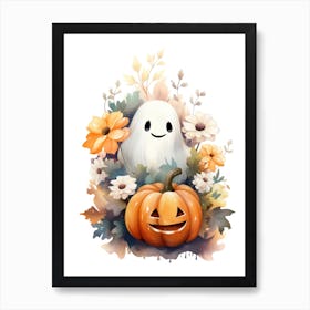 Cute Ghost With Pumpkins Halloween Watercolour 120 Art Print